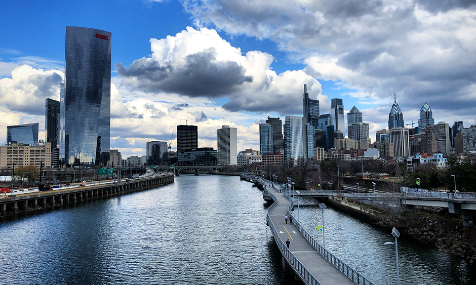 A photo of the Schuylkill River Trail taken from the South Street Bridge in Philadelphia