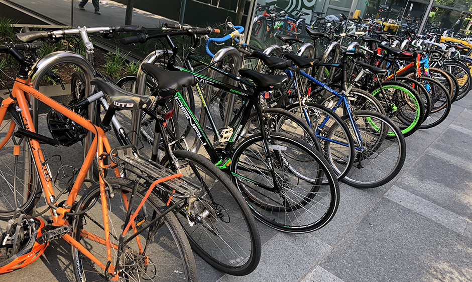 Bikes parked in a bike rack