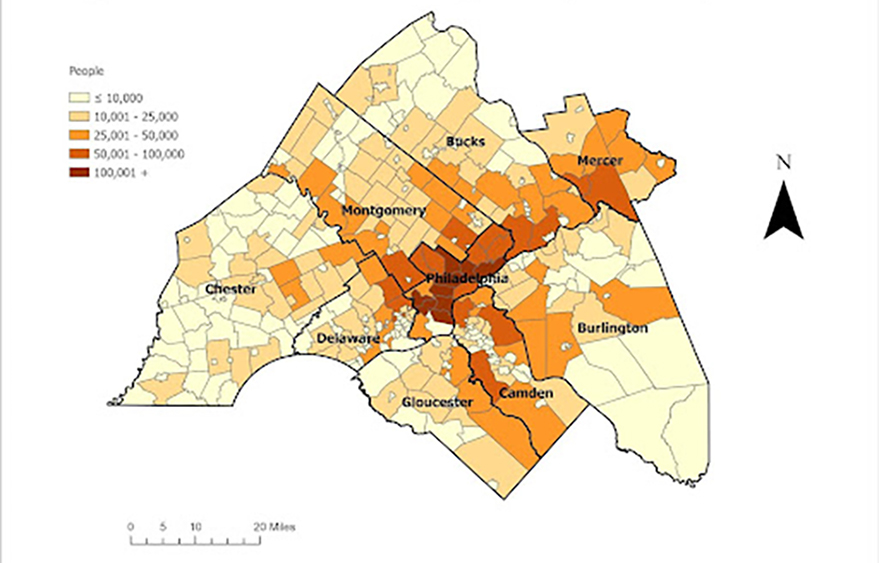 A map of the nine-county DVRPC region showing population forecasts for the year 2050