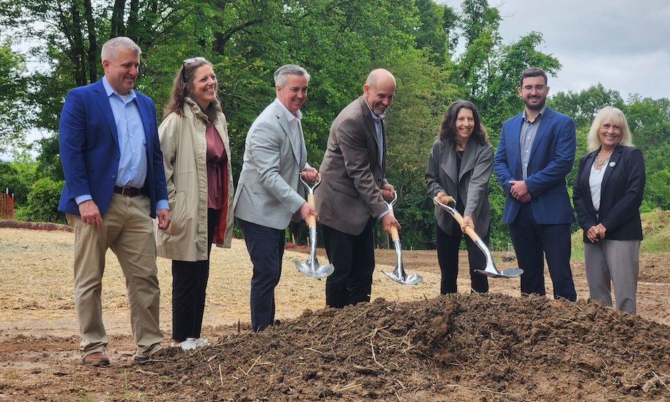 Officials from Bucks County, Middletown Township, and DVRPC break ground on the Neshaminy Greenway Trail. 