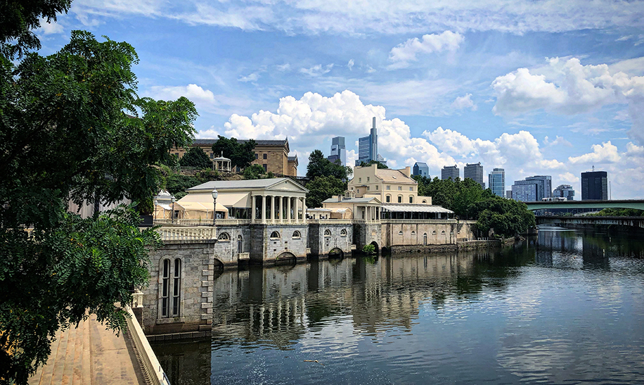 The Philadelphia Waterworks on the Schuylkill River. In the background is the Philadelphia skyline.