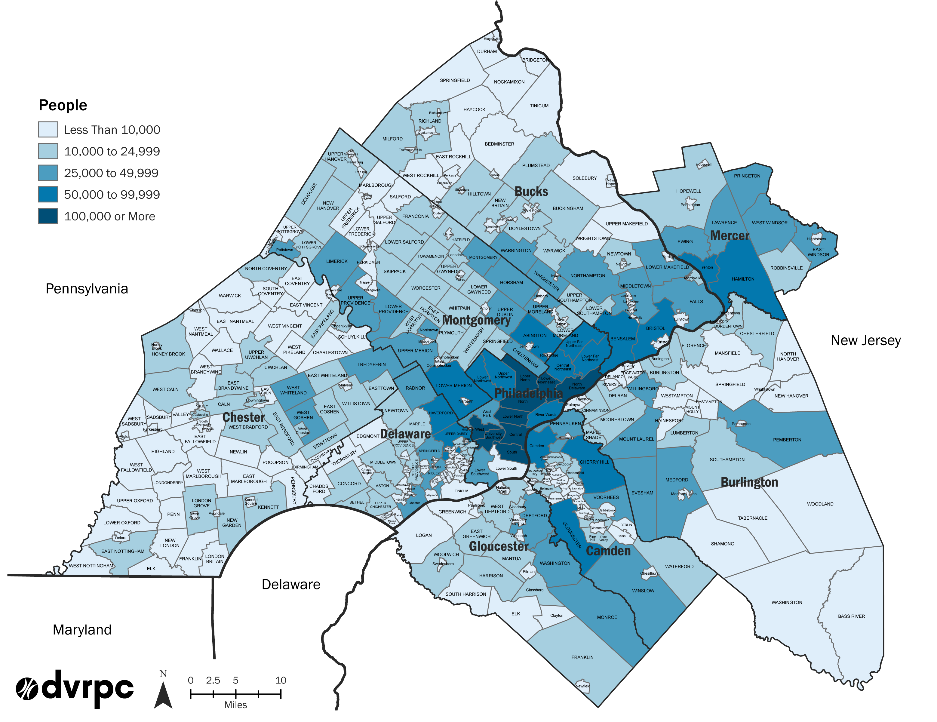 A map of the DVRPC region showing population forecasts for the year 2050 in various shades of blue