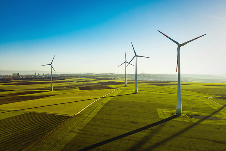 A photo of wind turbines in a green field with a city skyline in the far background